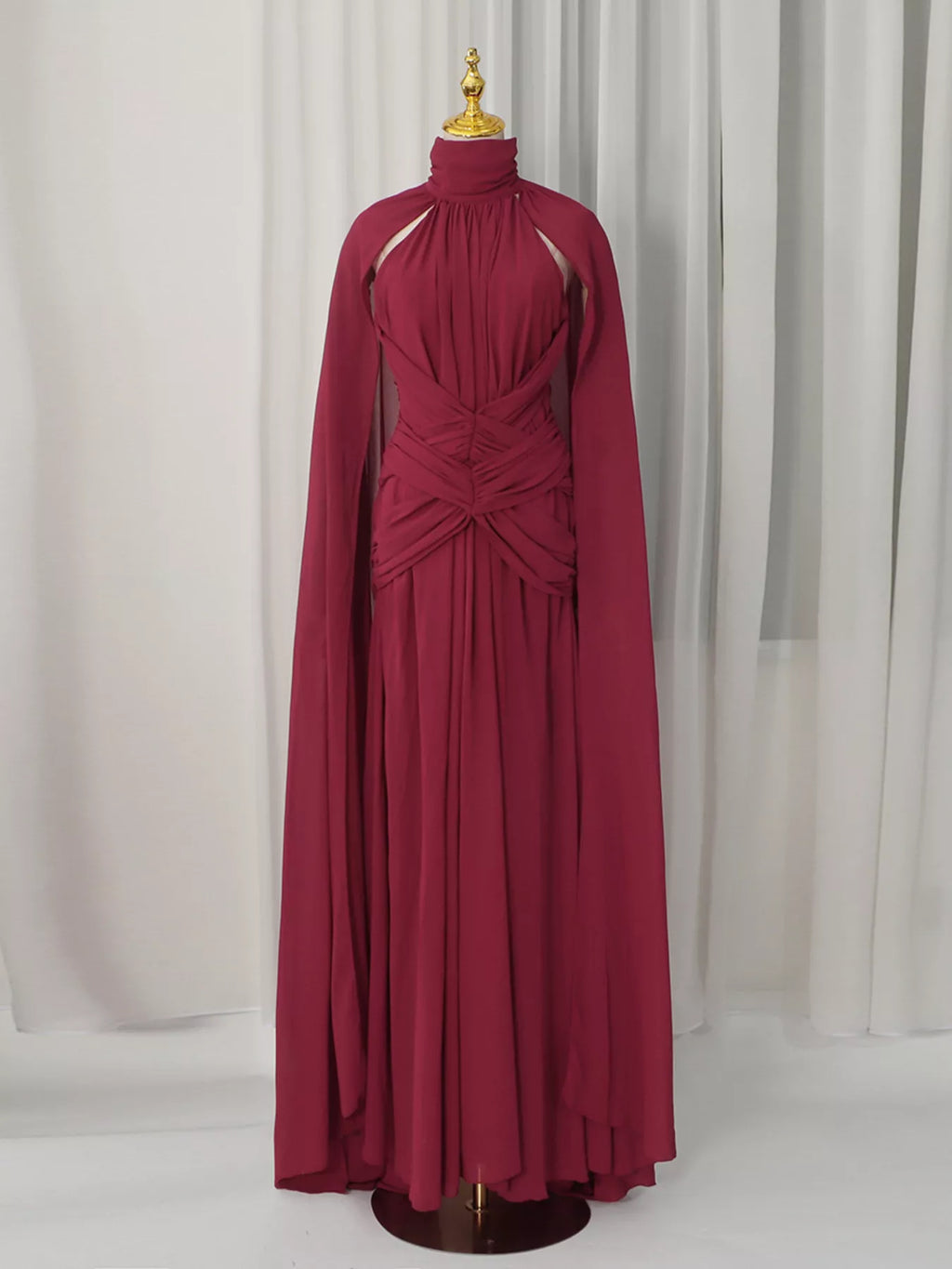 Women's Red Ruched Halter Neck Cape Maxi Dress - Red