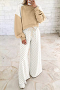 Women's Tan Polka Dot Patchwork Colorblock Long Sleeve Casual Two Piece Pants Set - Tan