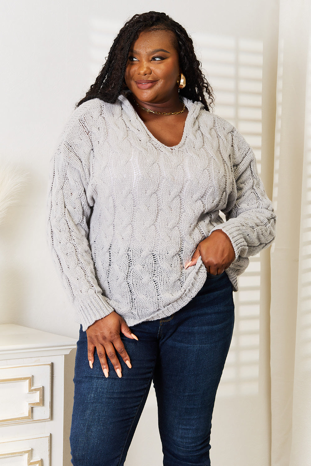 Women's Light Gray Cable-Knit Hooded Sweater - Light Gray