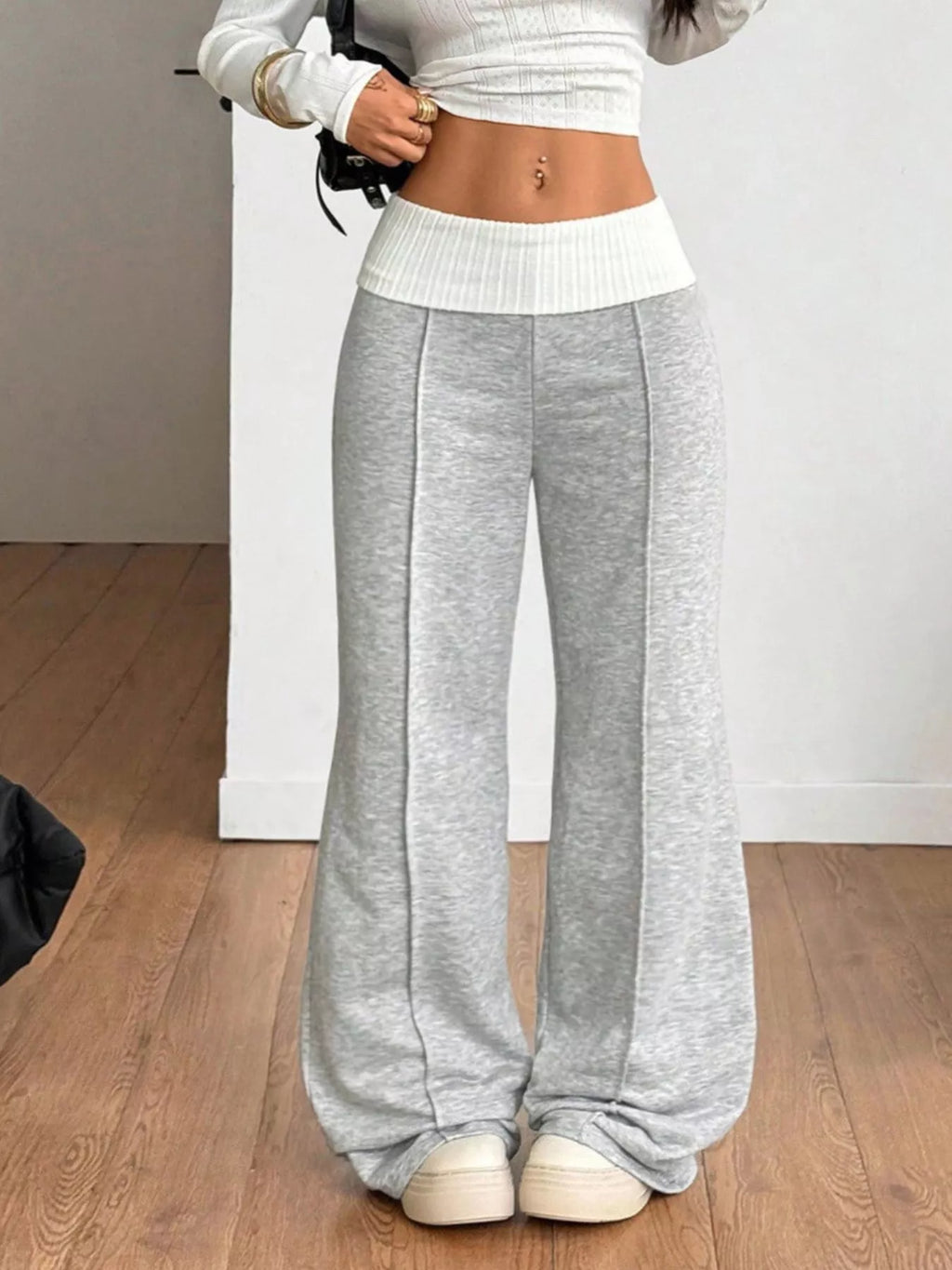 Women's Gray/white Ribbed Waistband Wide-Leg Pants - Gray/white