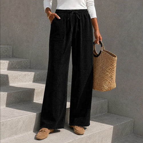 Autumn Winter Women's Corduroy Wide Leg Pants With Elastic Waist And Drawstring, Loose Casual Long Pants
