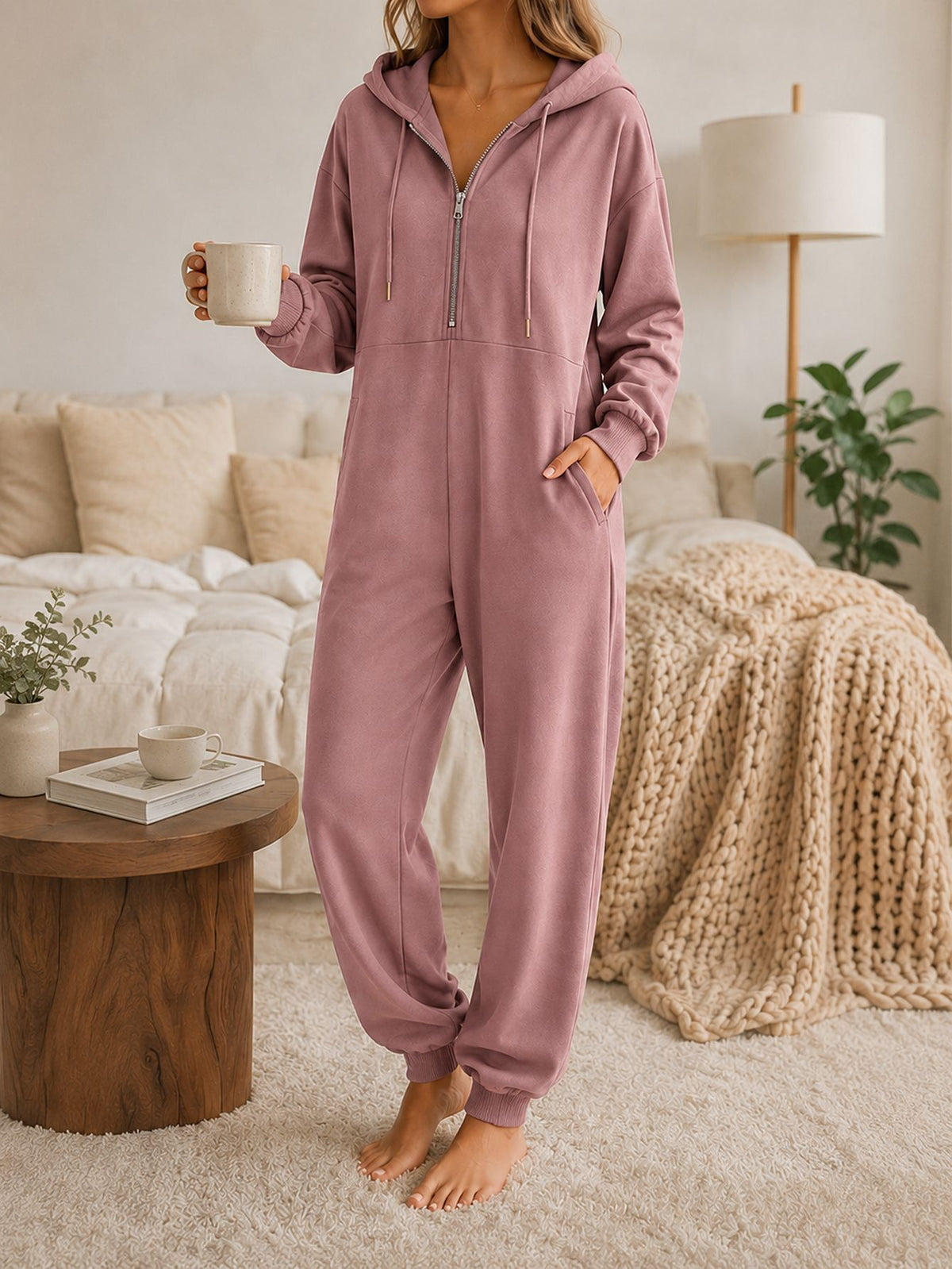 Women Hooded Jumpsuit Loungewear, Half Zip Drawstring Long Sleeve Jogger One Piece Pajama Jumpsuit With Pockets