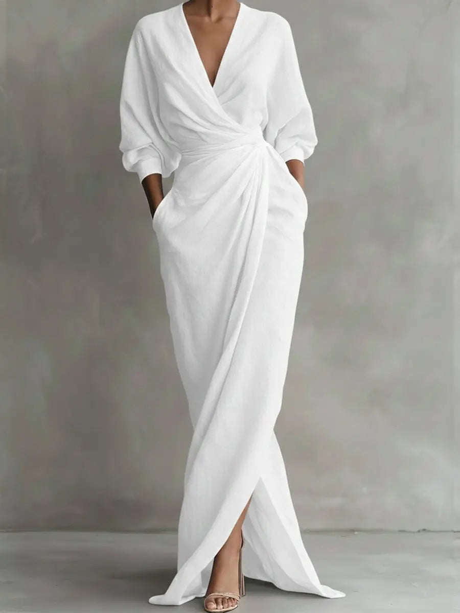 New Style Elegant Solid Color V-Neck Long Sleeve Slit Waist-Cinching Pocket Long Dress For Independent Sites