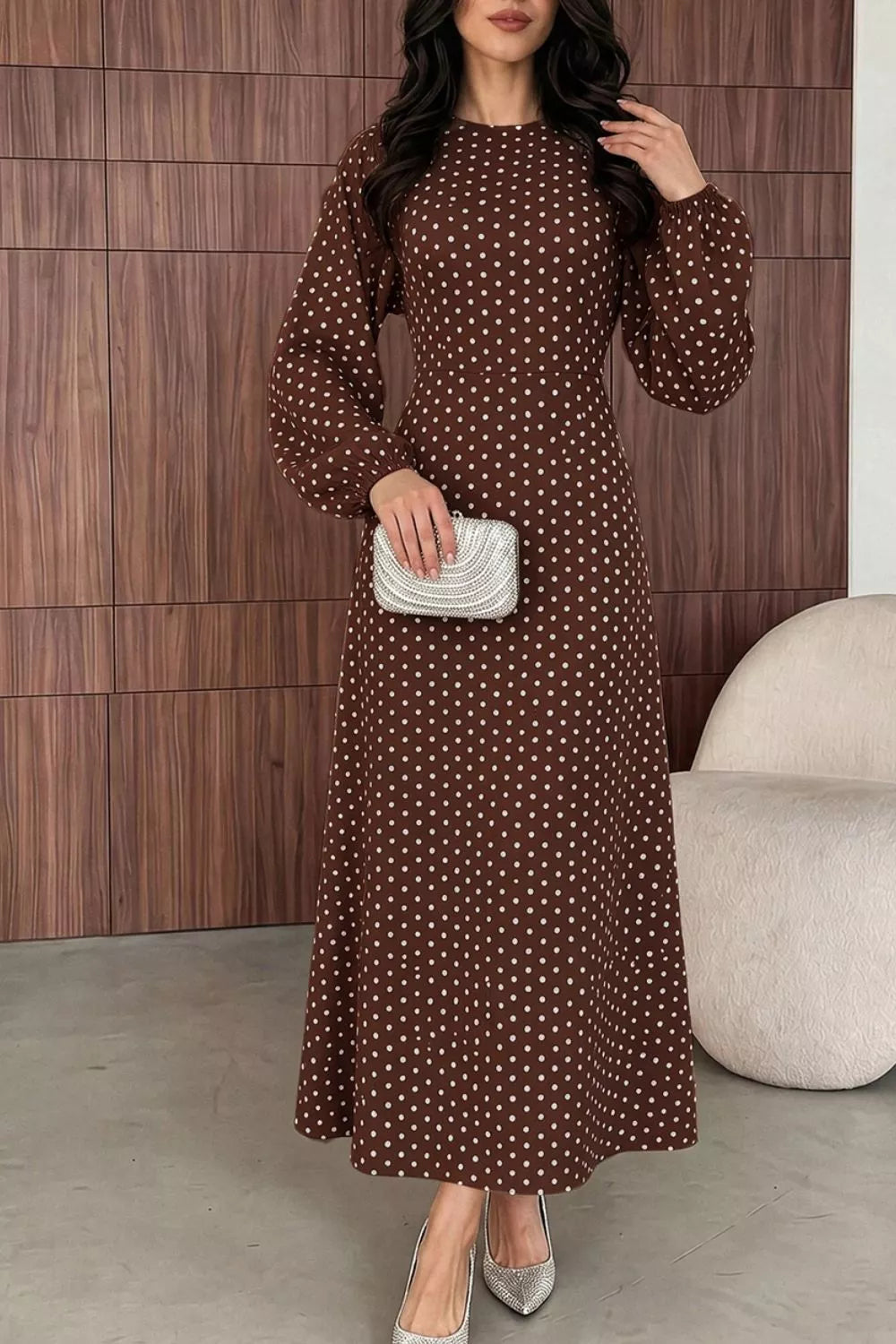 Women's Polka Dot Long Sleeve Maxi Dress - Coffee Brown
