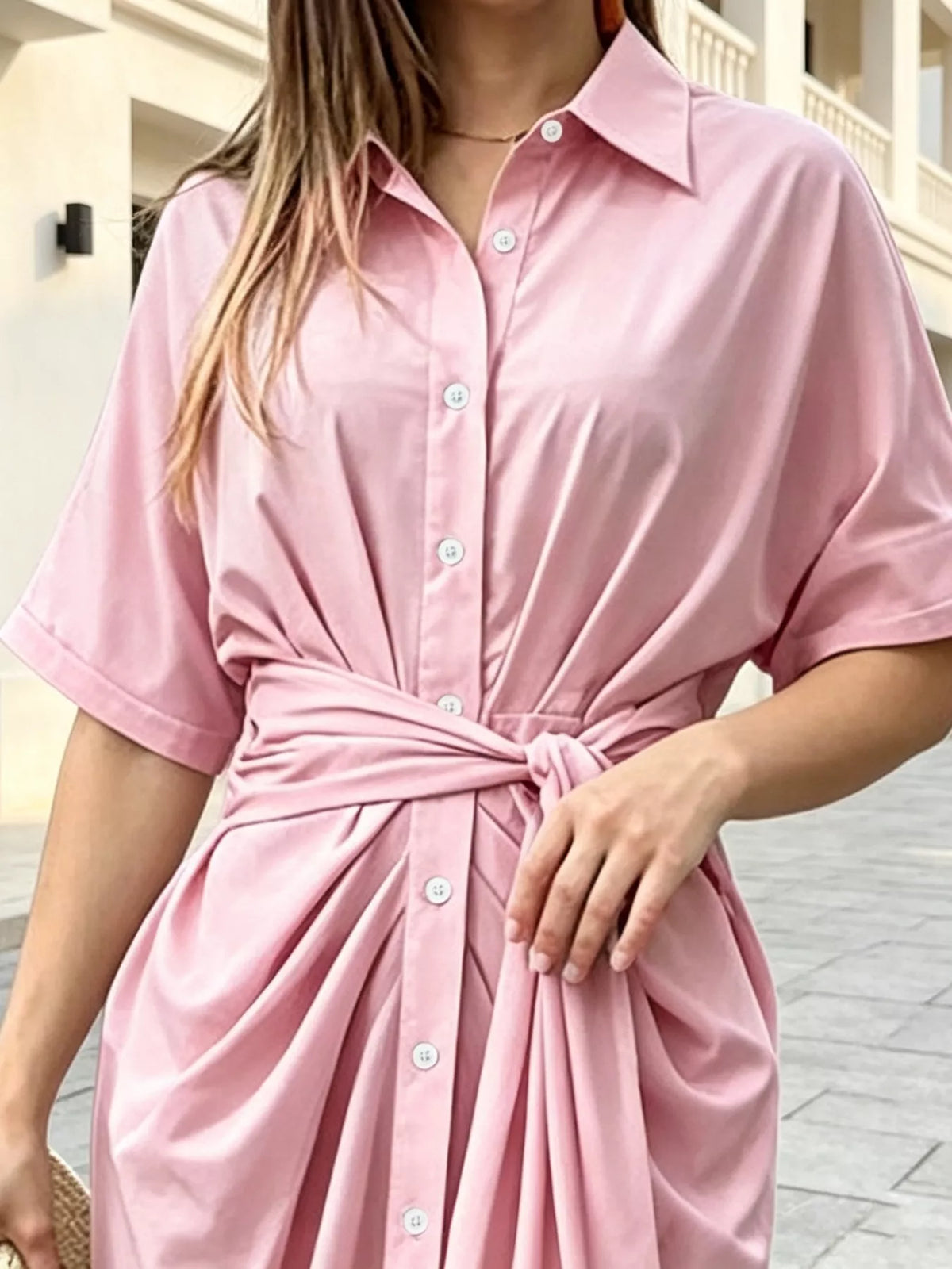 Women's Pink Button-Down Shirt Dress with Waist-Tie Detail - Pink