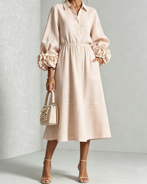 Best-selling Solid-color Round-neck Long-sleeved Floral Dress