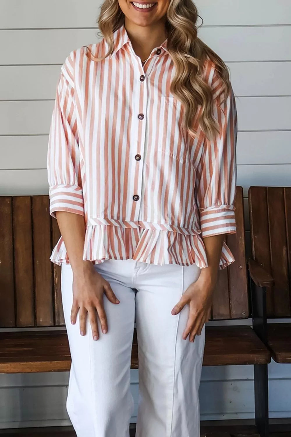 Women's Pale Blush Stripe Collar Button Front Bracelet Sleeve Ruffle Hem Shirt - Pale Blush