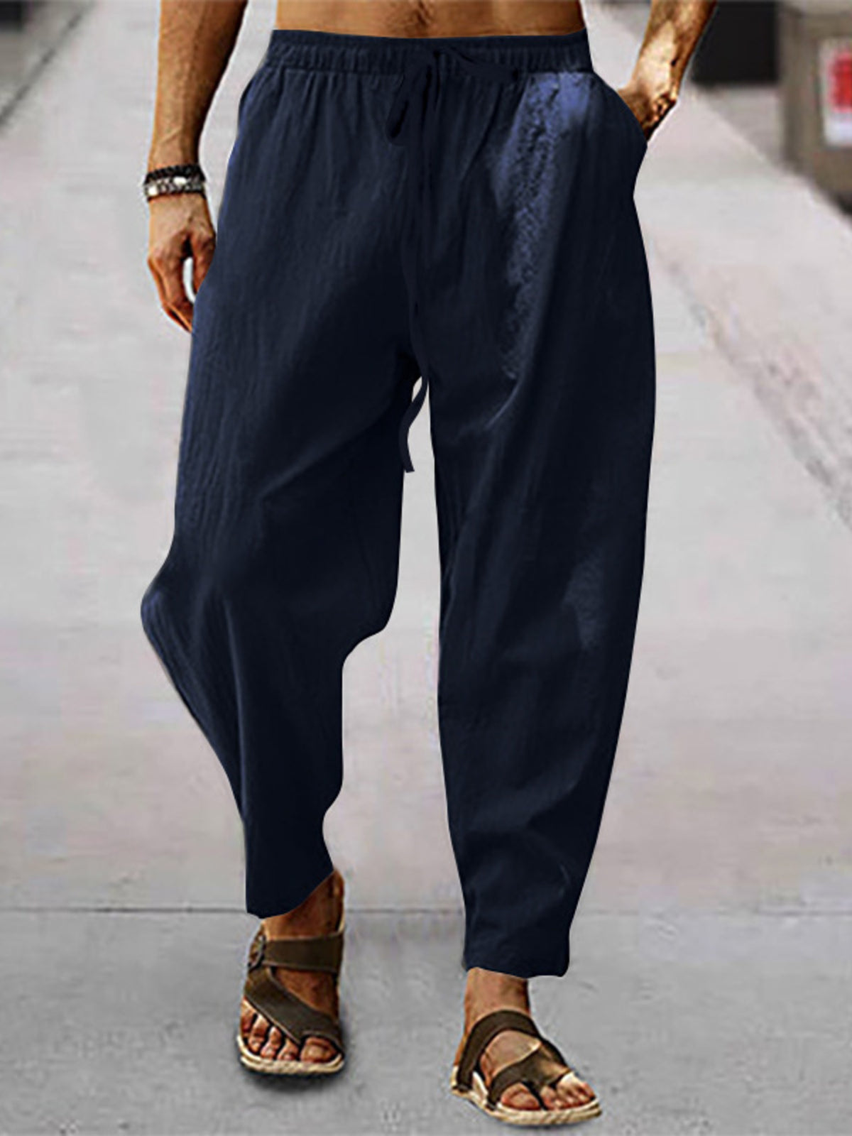 Men's Drawstring Wide Leg Pants, Plus Size - Navy Blue