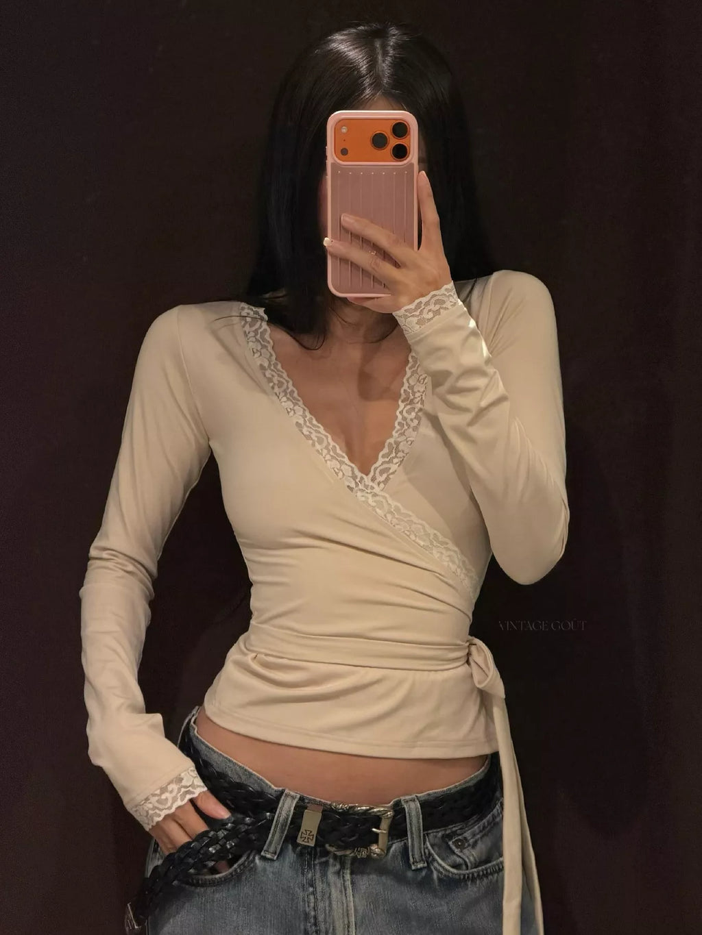 Women's Lace-Trimmed Long Sleeves Wrap Blouse - Khaki Color