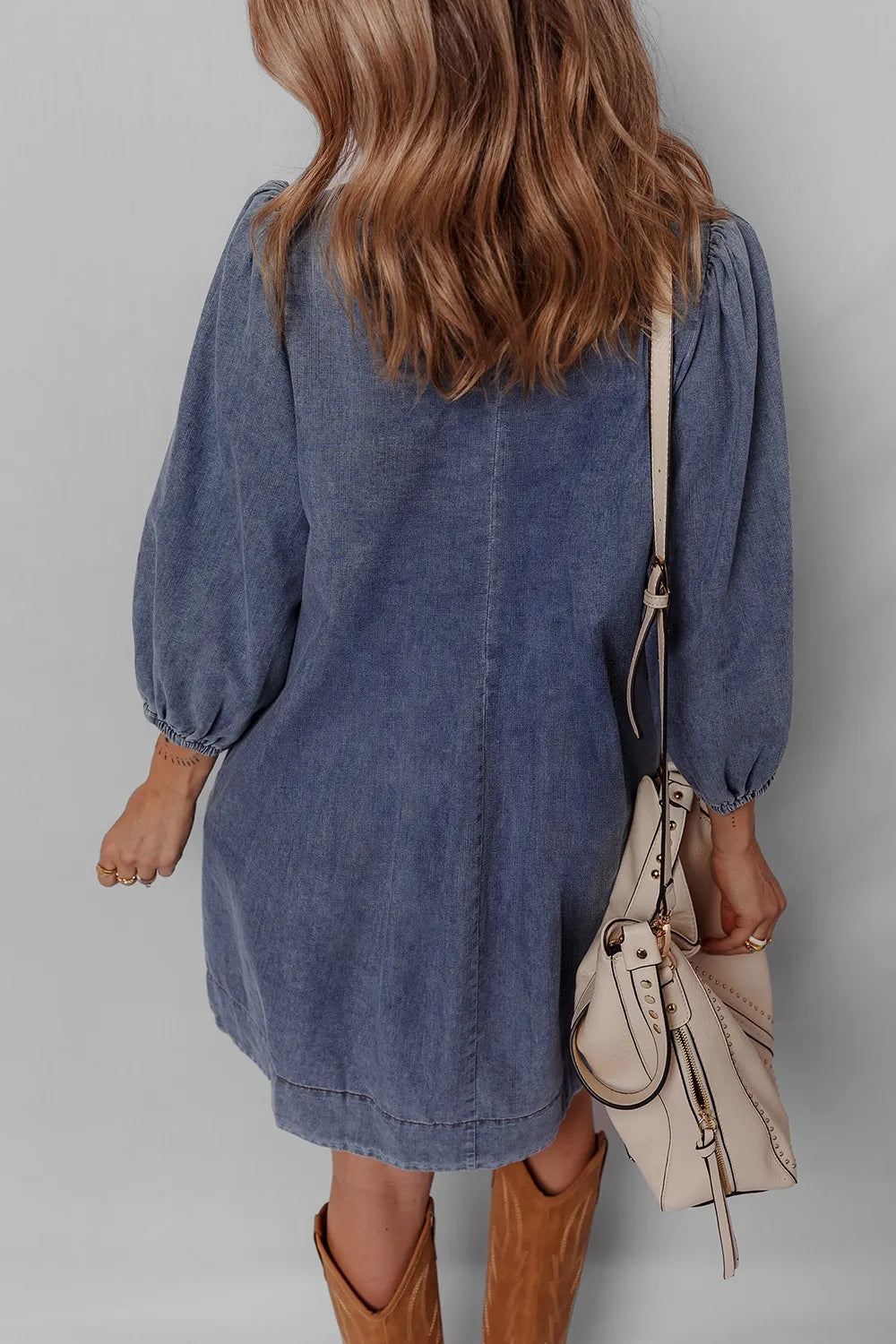 Women's Dark Tie Neck Long Sleeve Mini Denim Dress - Dark