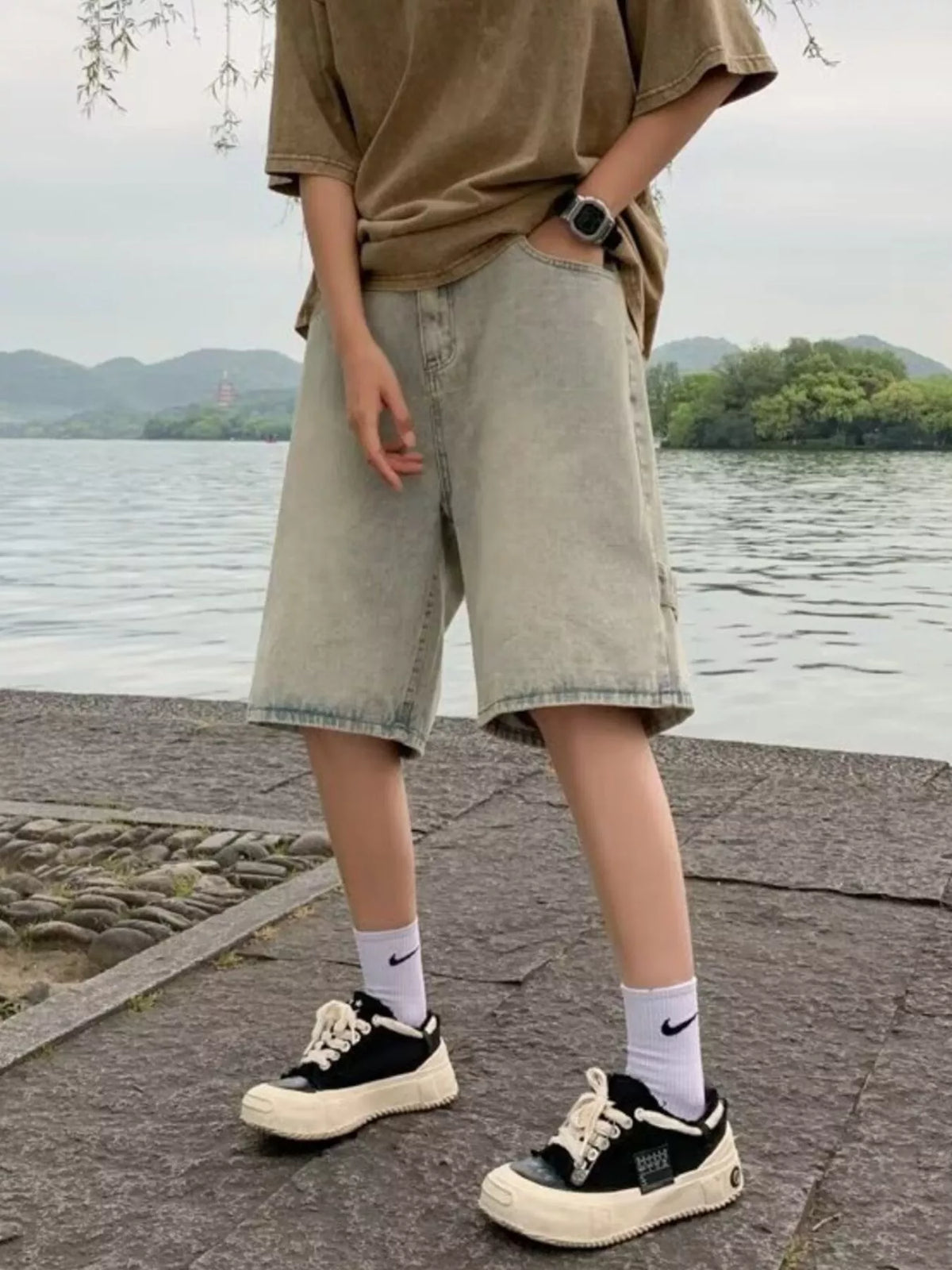 Men's Plus Size Relaxed Fit Wash Denim Shorts in Yellow Mud Color