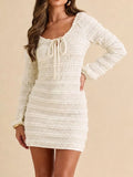 Women's Apricot Textured Long-Sleeve Bodycon Mini Dress with Tie-Front - Apricot