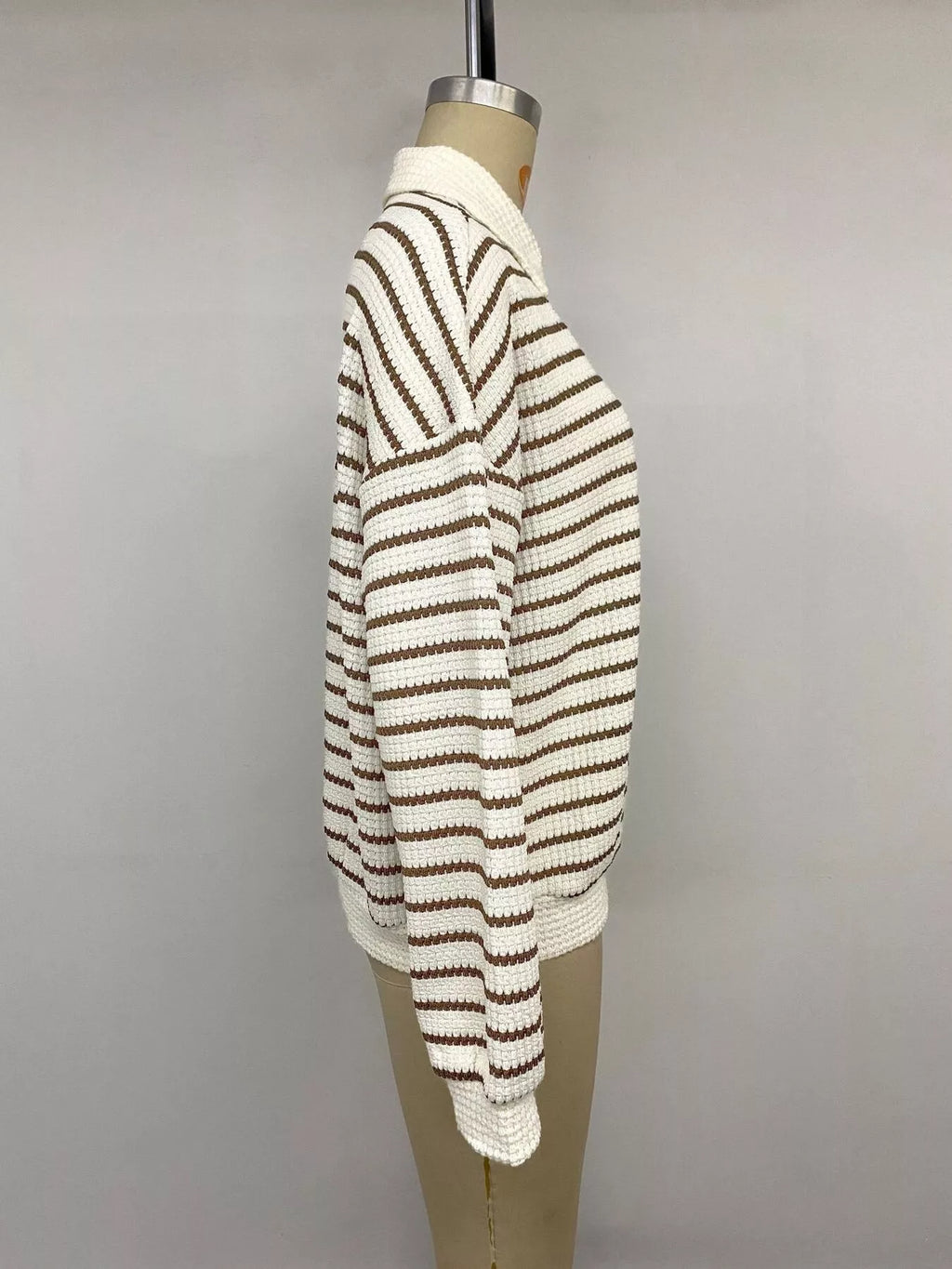 Striped Polo Collar Knit Sweatshirt