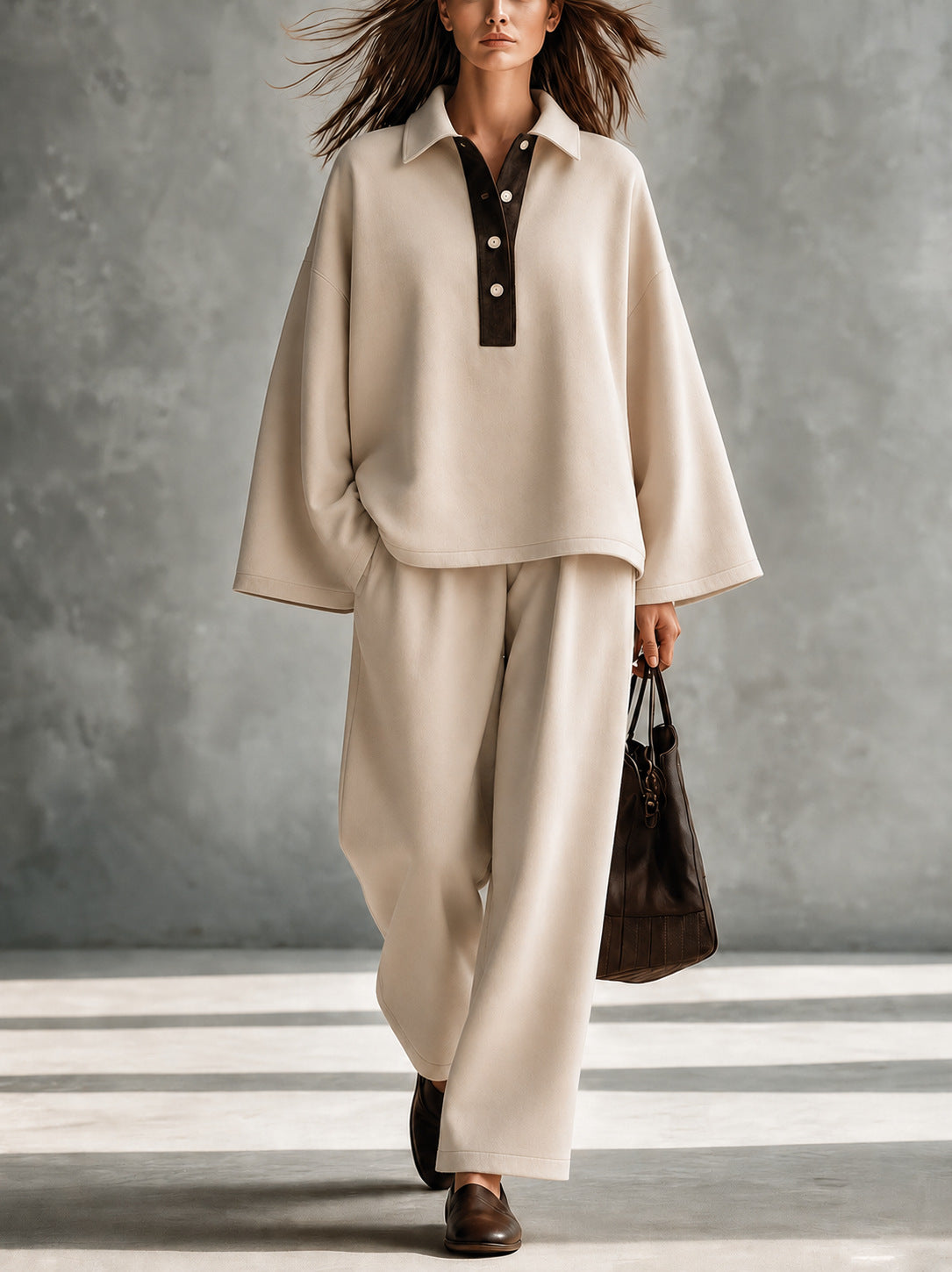 Women's FallWinter Long-Sleeve Lapel Sweatshirt And Wide-Leg Pants Two-Piece Set