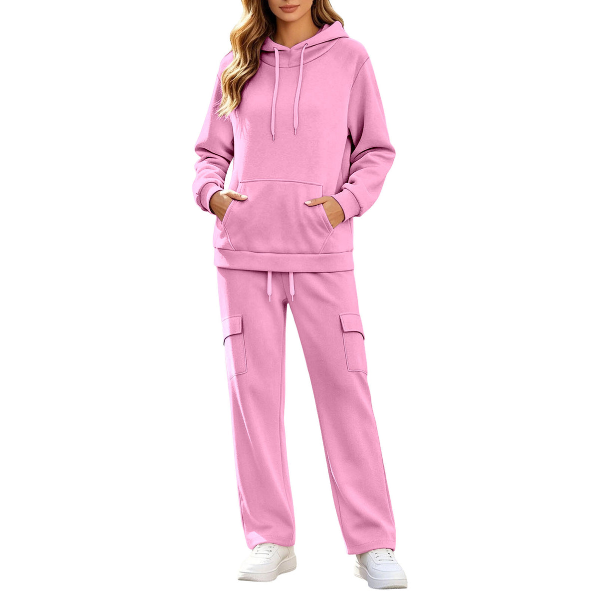 Hoodie Set Long-sleeve Sweatshirt With Fleece Lining And Matching Pants With Pockets Womens