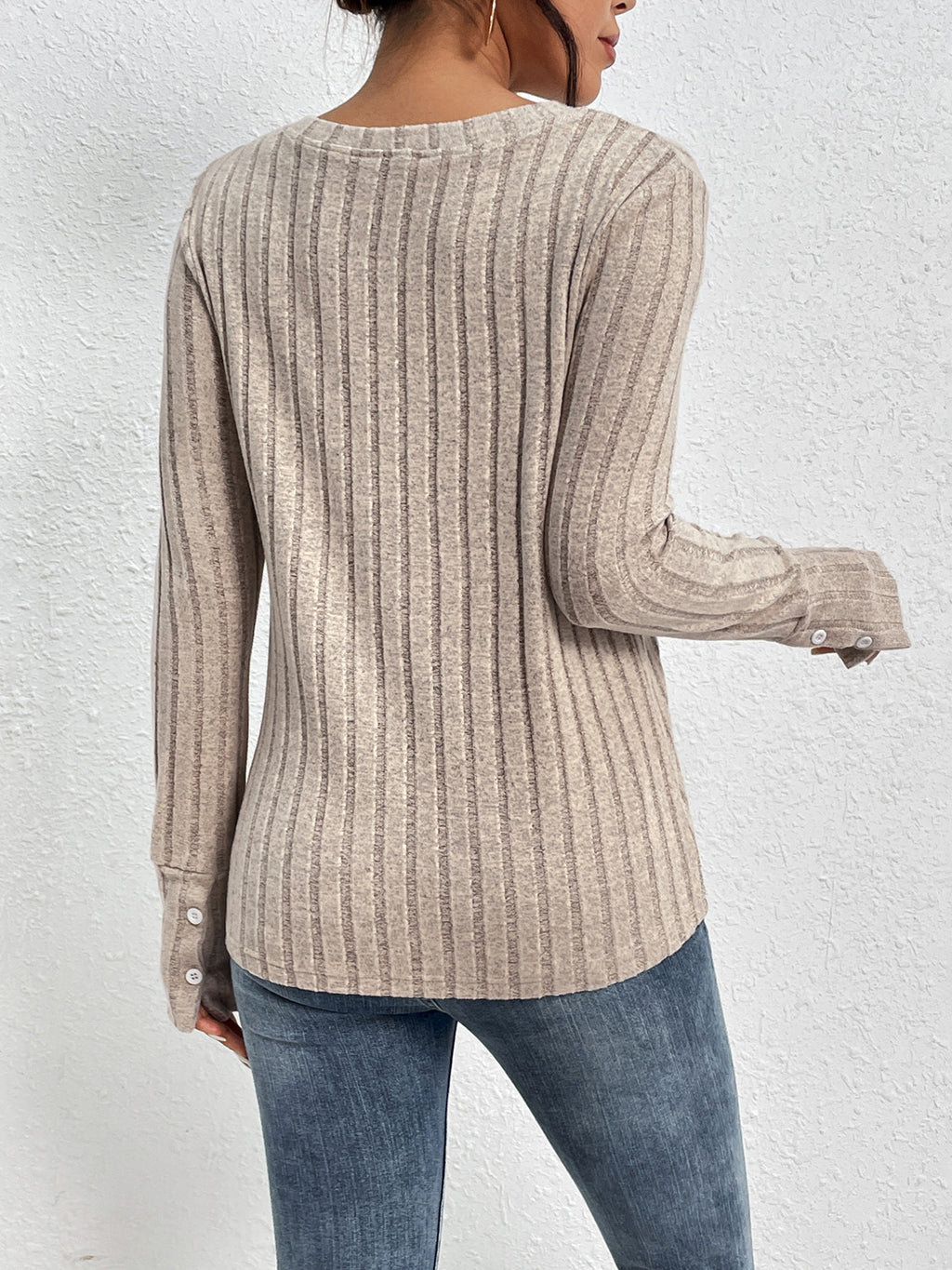 Women's Mocha Lace Detail Ribbed V-Neck Long Sleeve Top - Mocha