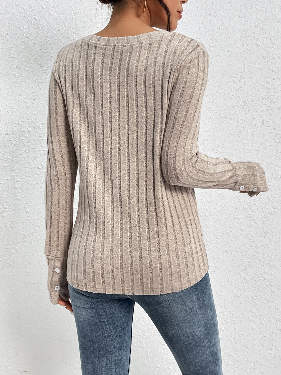 Women's Mocha Lace Detail Ribbed V-Neck Long Sleeve Top - Mocha
