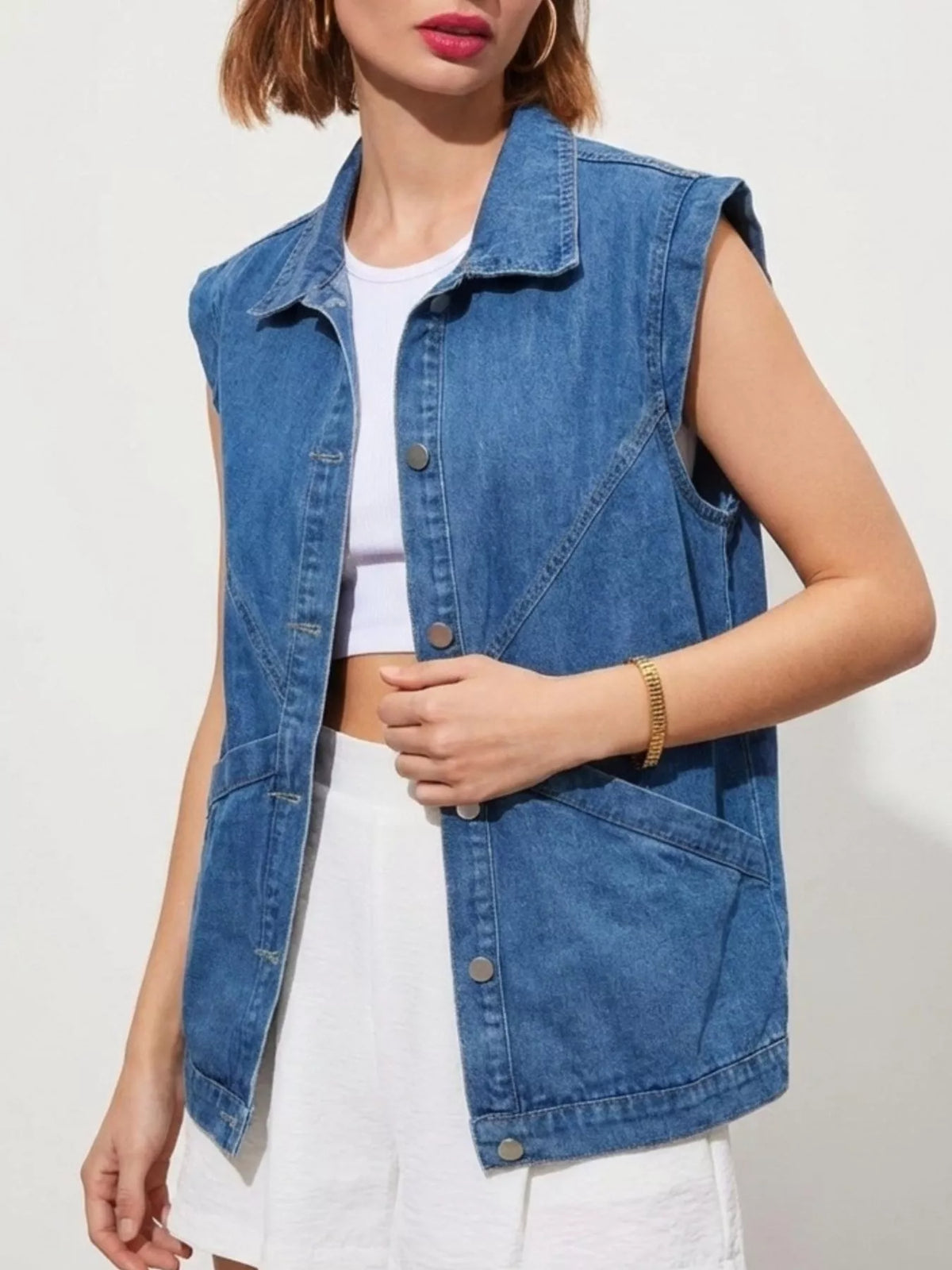 Women's Blue Button-Down Denim Vest - Blue