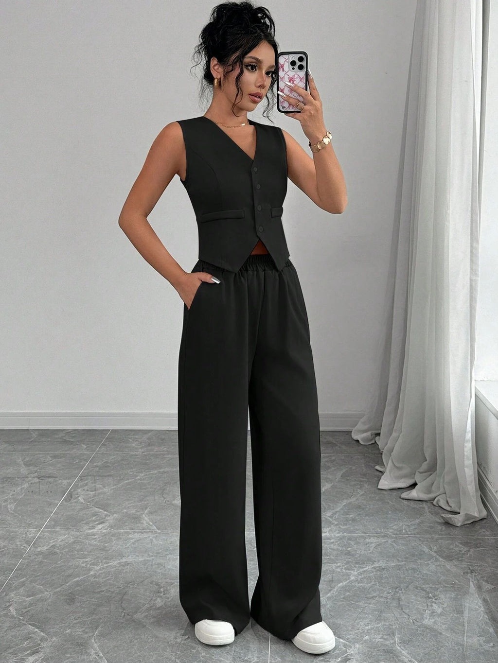 Women's Elegant Button Sleeveless Vest Trousers Set For Women, Spring Summer 2025