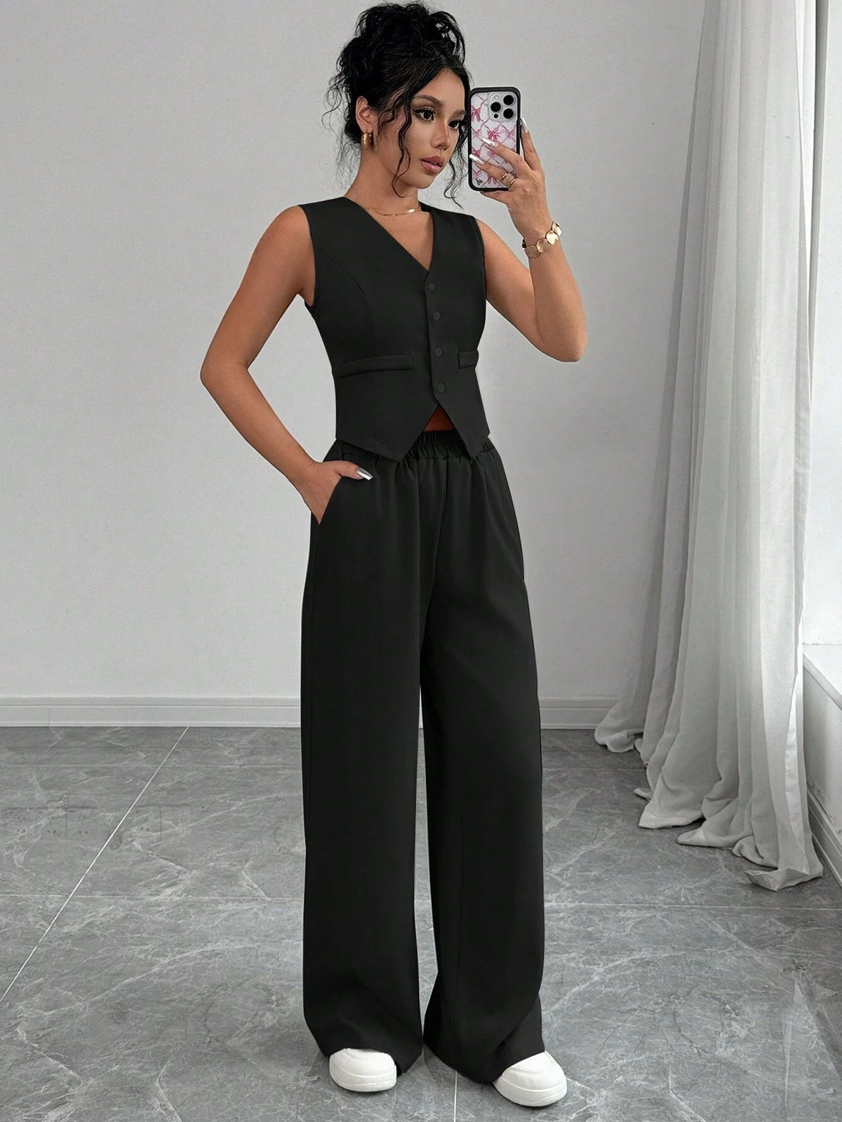 Women's Elegant Button Sleeveless Vest Trousers Set For Women, Spring Summer 2025
