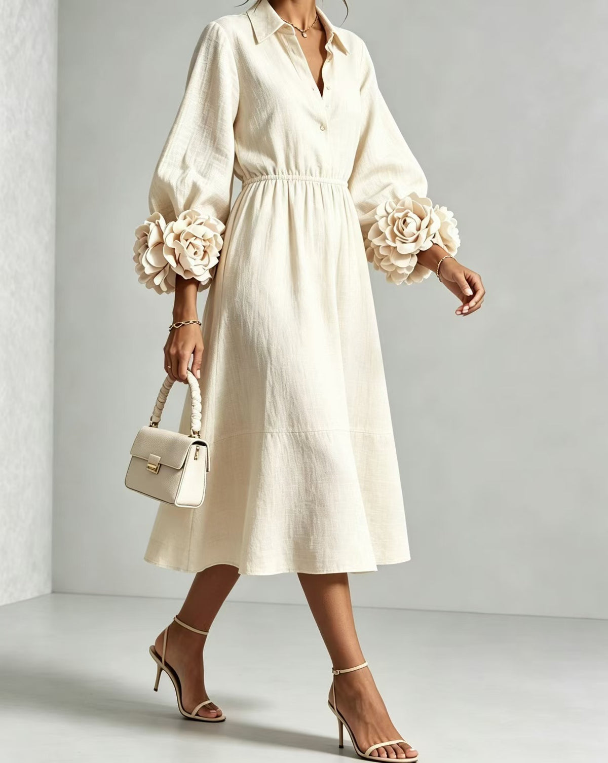 Best-selling Solid-color Round-neck Long-sleeved Floral Dress
