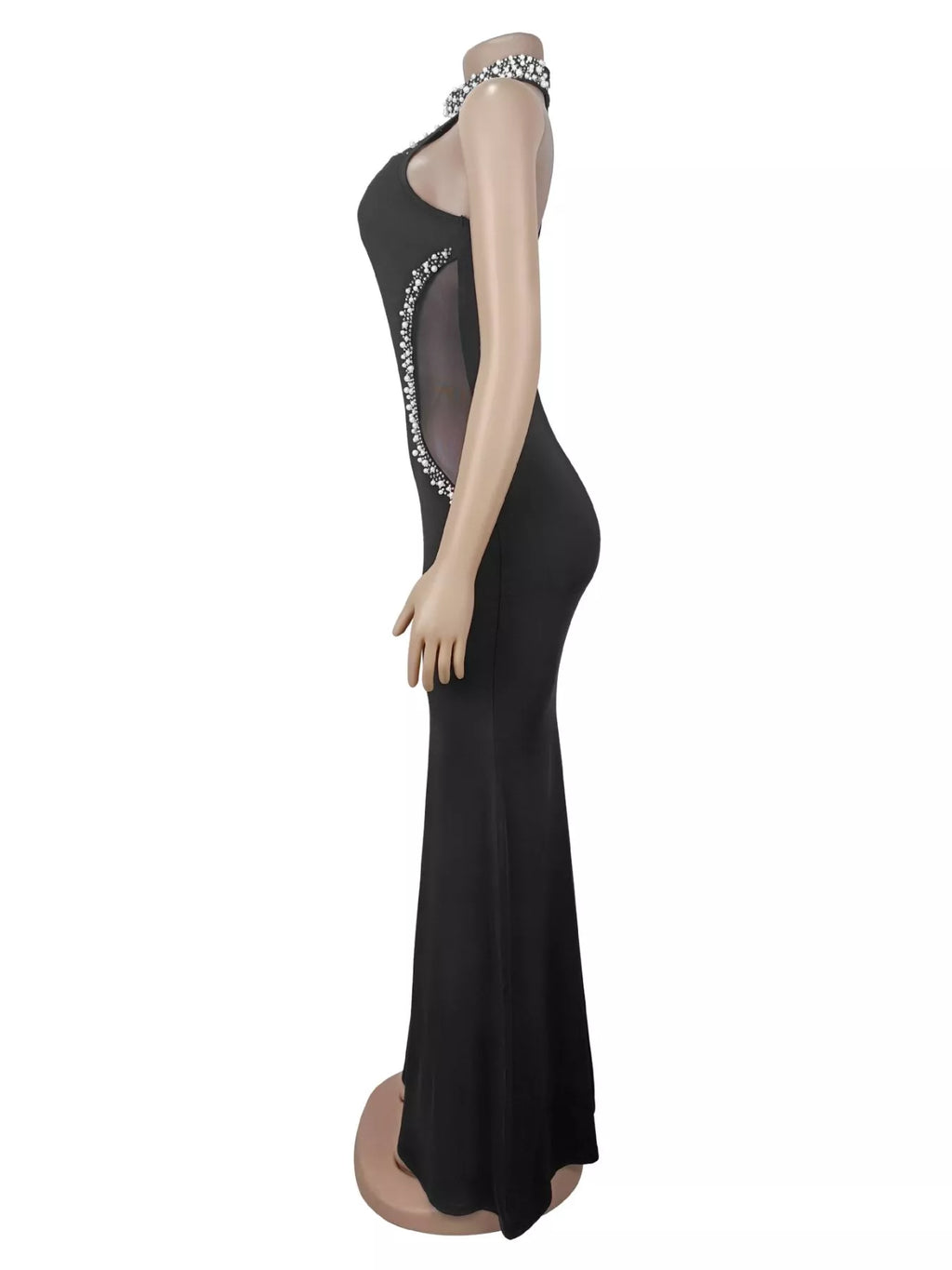 Women's Black Pearl Detail Rhinestone Sleeveless Maxi Dress - Black