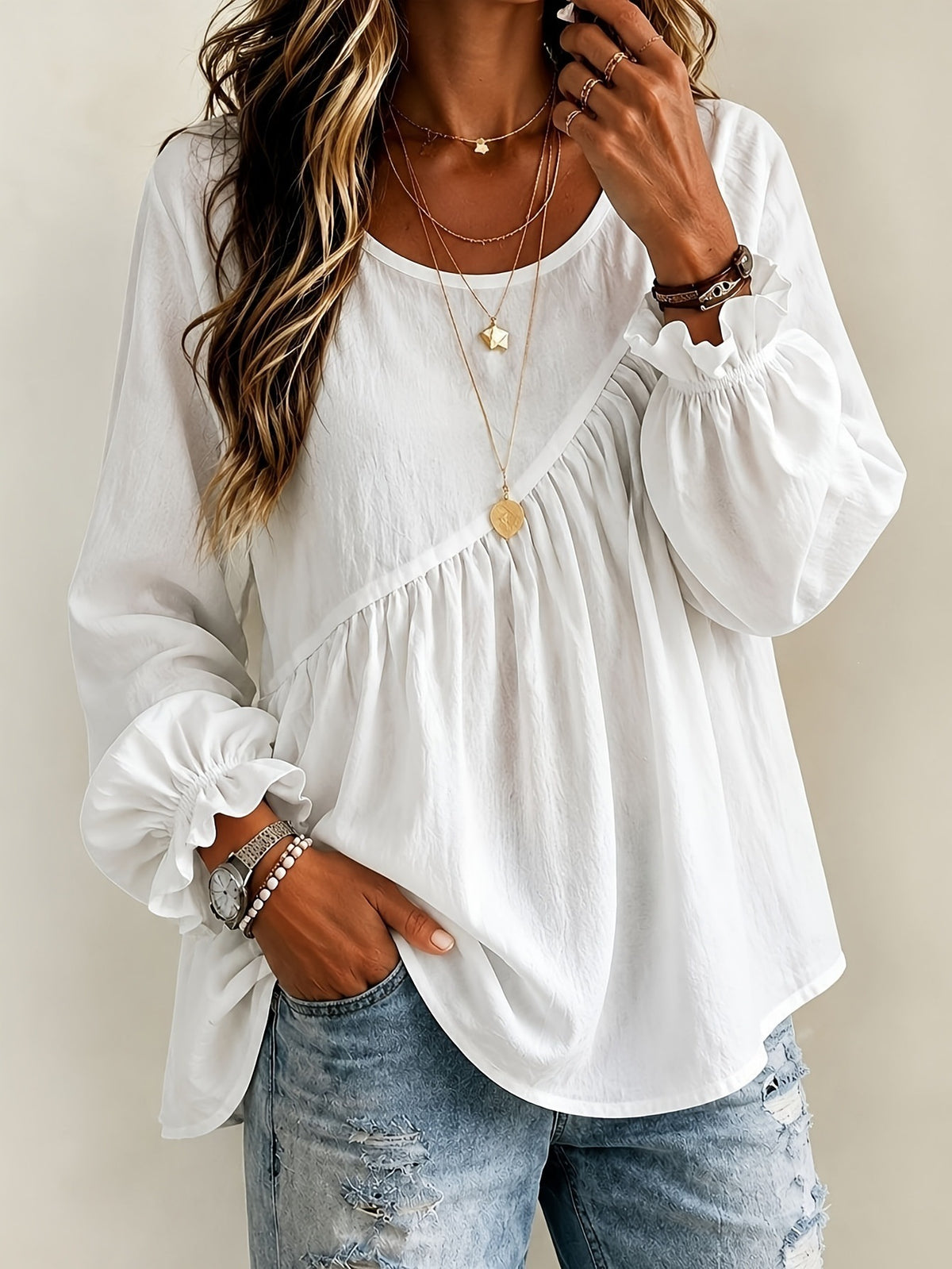 Women's 2026 New Cross-Border European And American Style Women's Solid Color Round Neck Long Sleeve Ruched Shirt Top, Casual Versatile Loose Fit - White