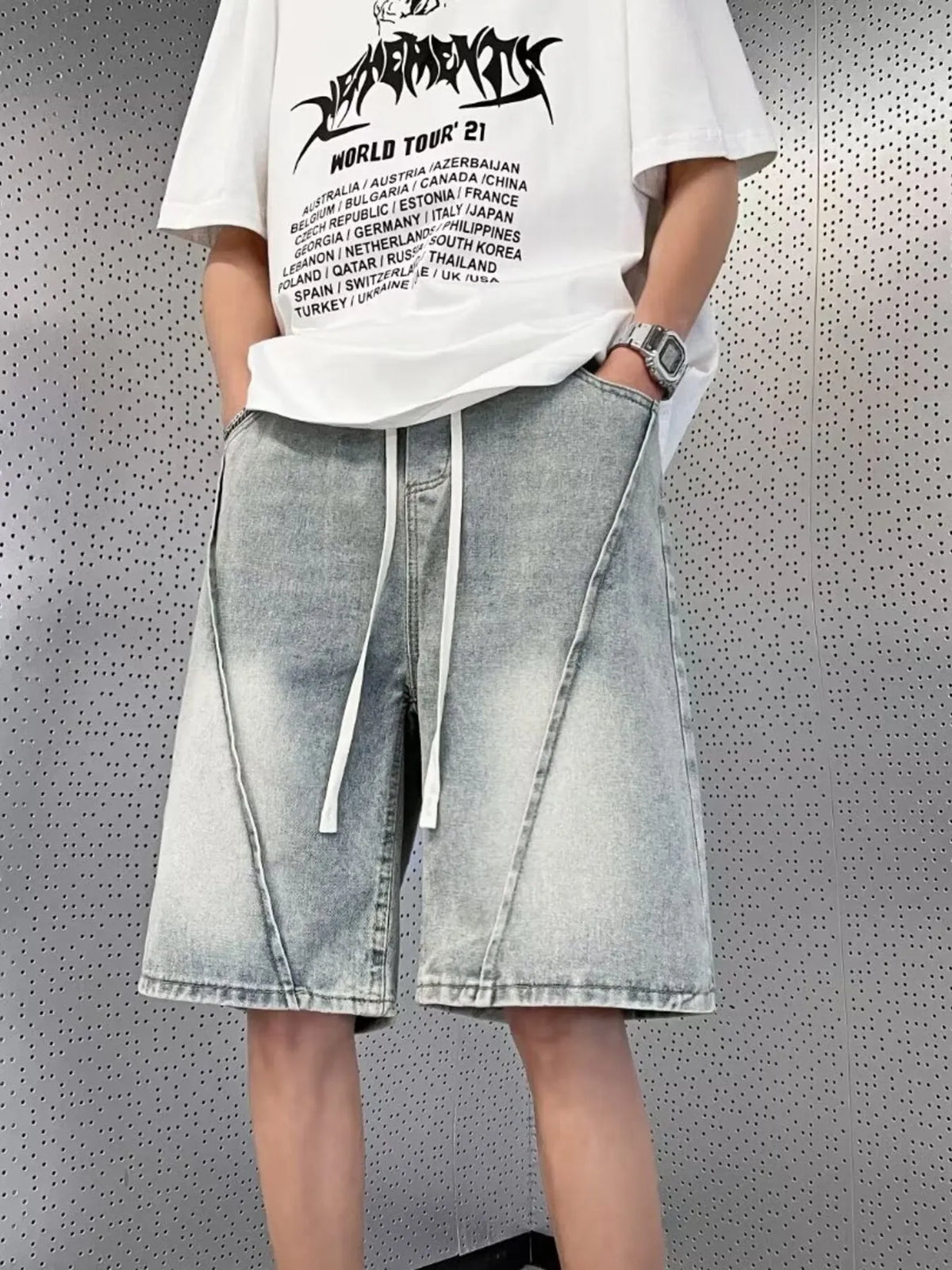 Men's Full Size Vintage Wash Drawstring Denim Shorts in Black & Light Blue Plus Size