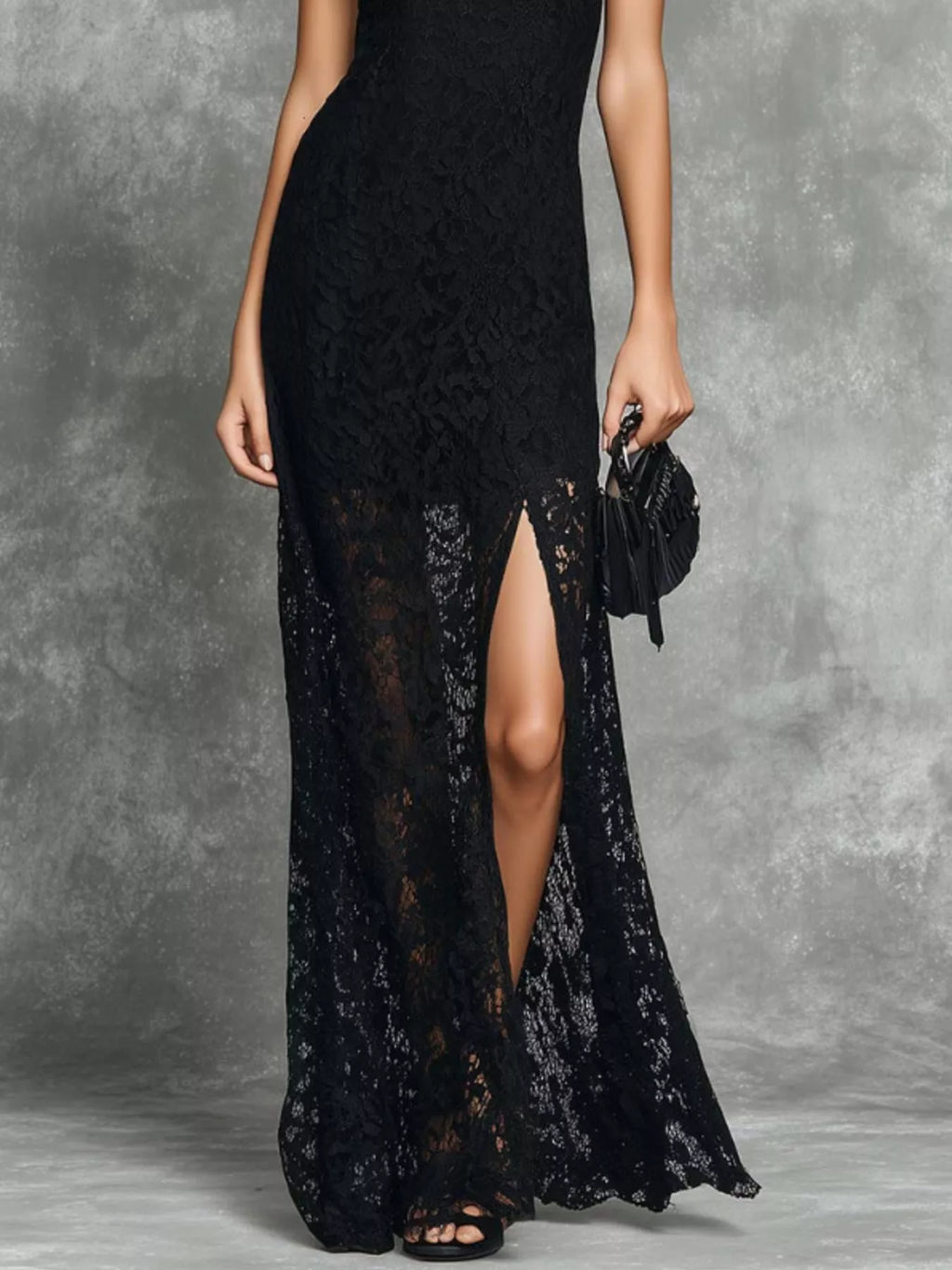 Women's Black Slit Lace Sleeveless Maxi Dress - Black
