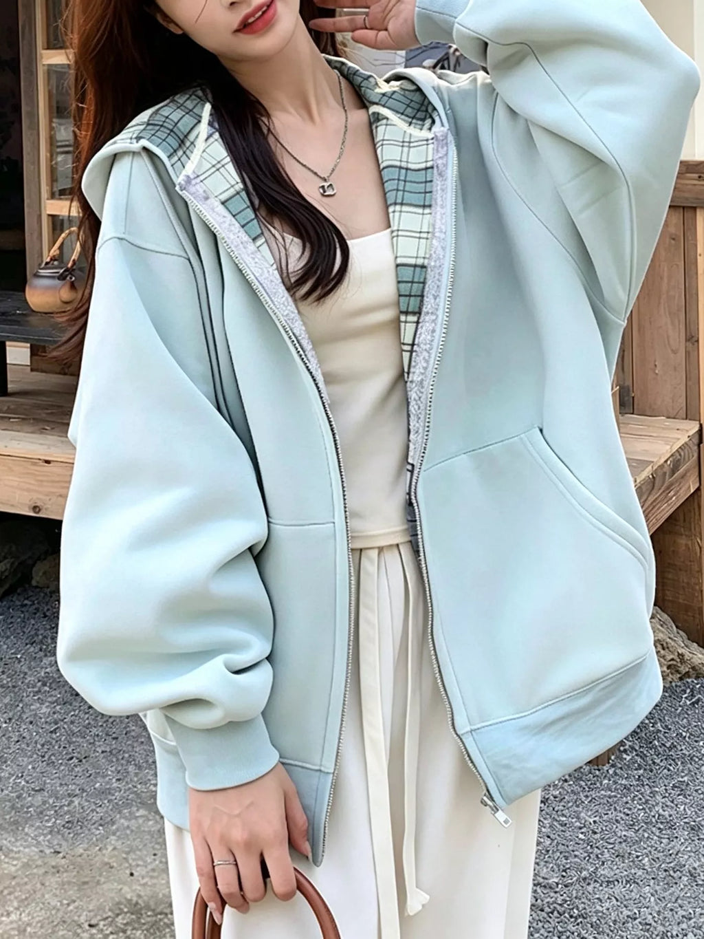 Women's Blue Zip-Up Plaid Lining Hoodie - Blue