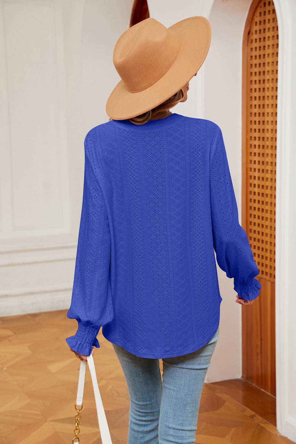 Women's Notched Neck Flounce Sleeve Blouse