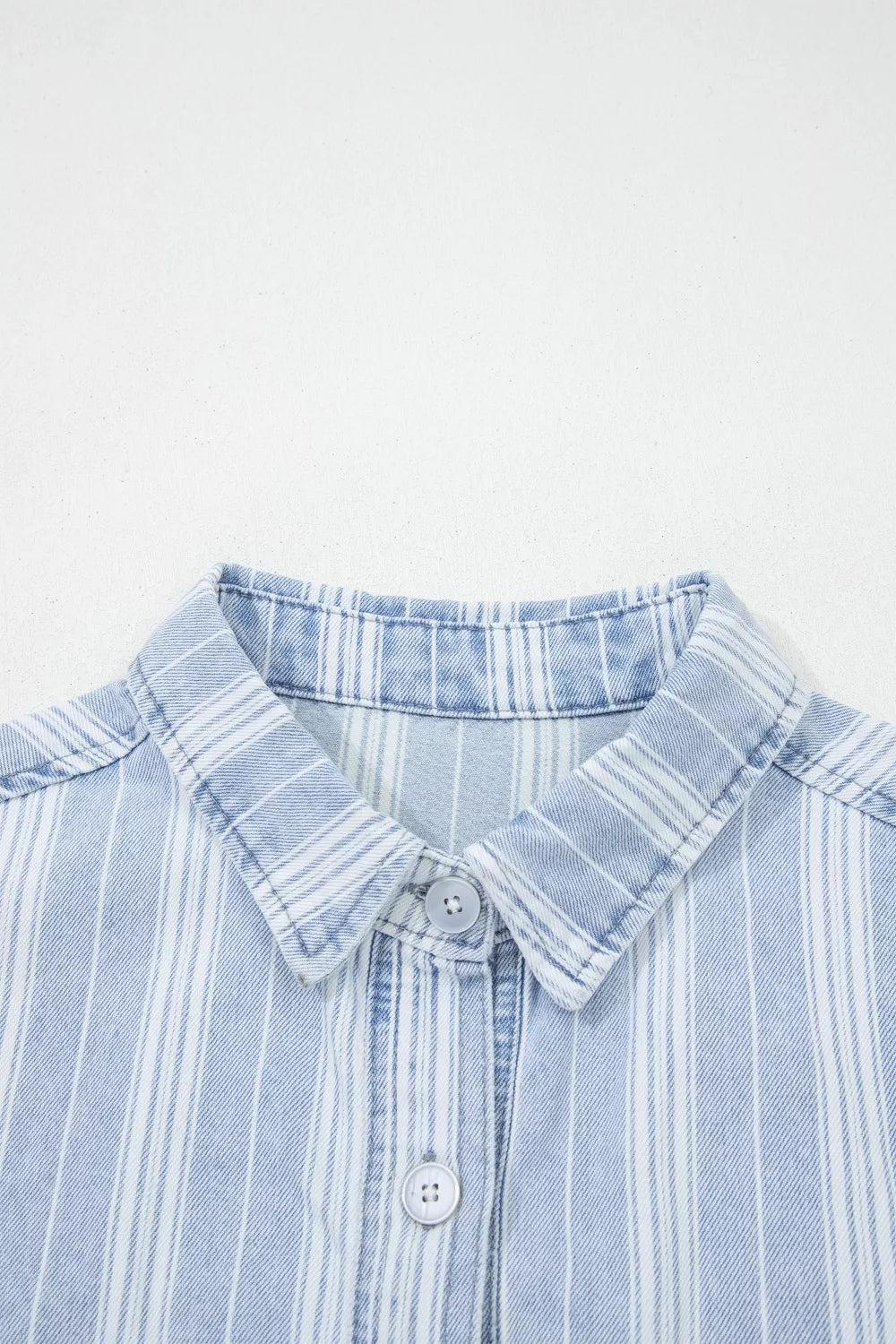 Women's Light Blue Stripe Boyfriend Chest Pocket Classic Denim Shacket - Light Blue