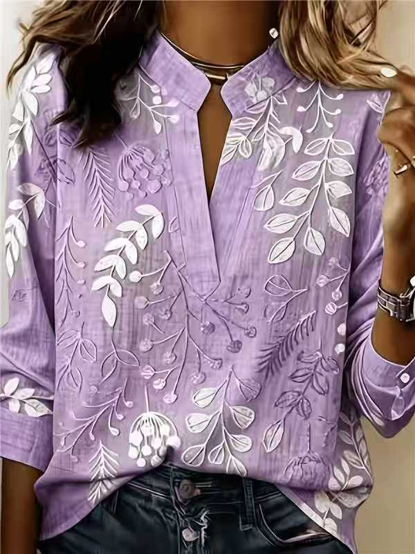 Womens Boho Leaf Floral Print Long Sleeve Blouse, Stand Notch Collar Keyhole V Neck Loose Fit Casual Tunic Shirt