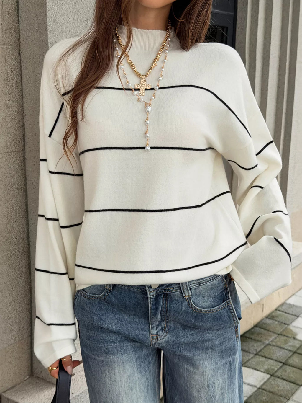 Women's Black And White Stripes Striped Mock Neck Sweater - Black And White Stripes