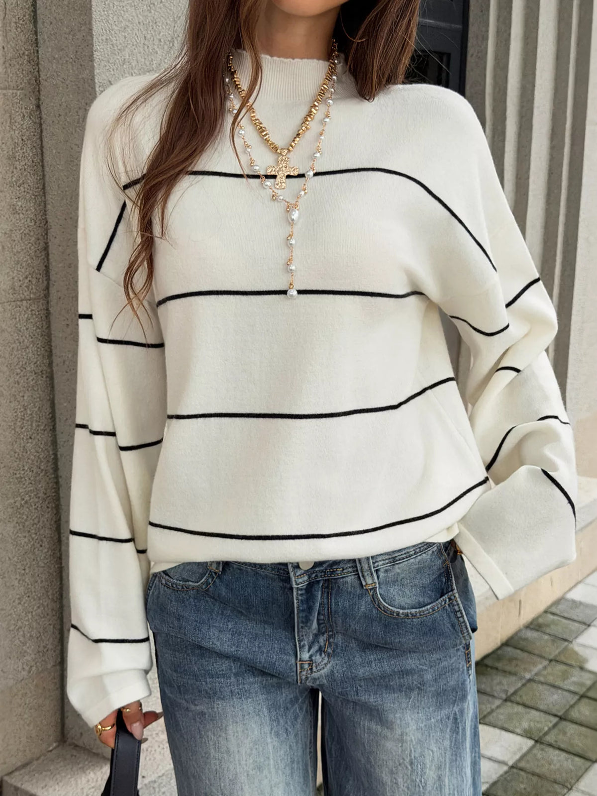 Women's Black And White Stripes Striped Mock Neck Sweater - Black And White Stripes