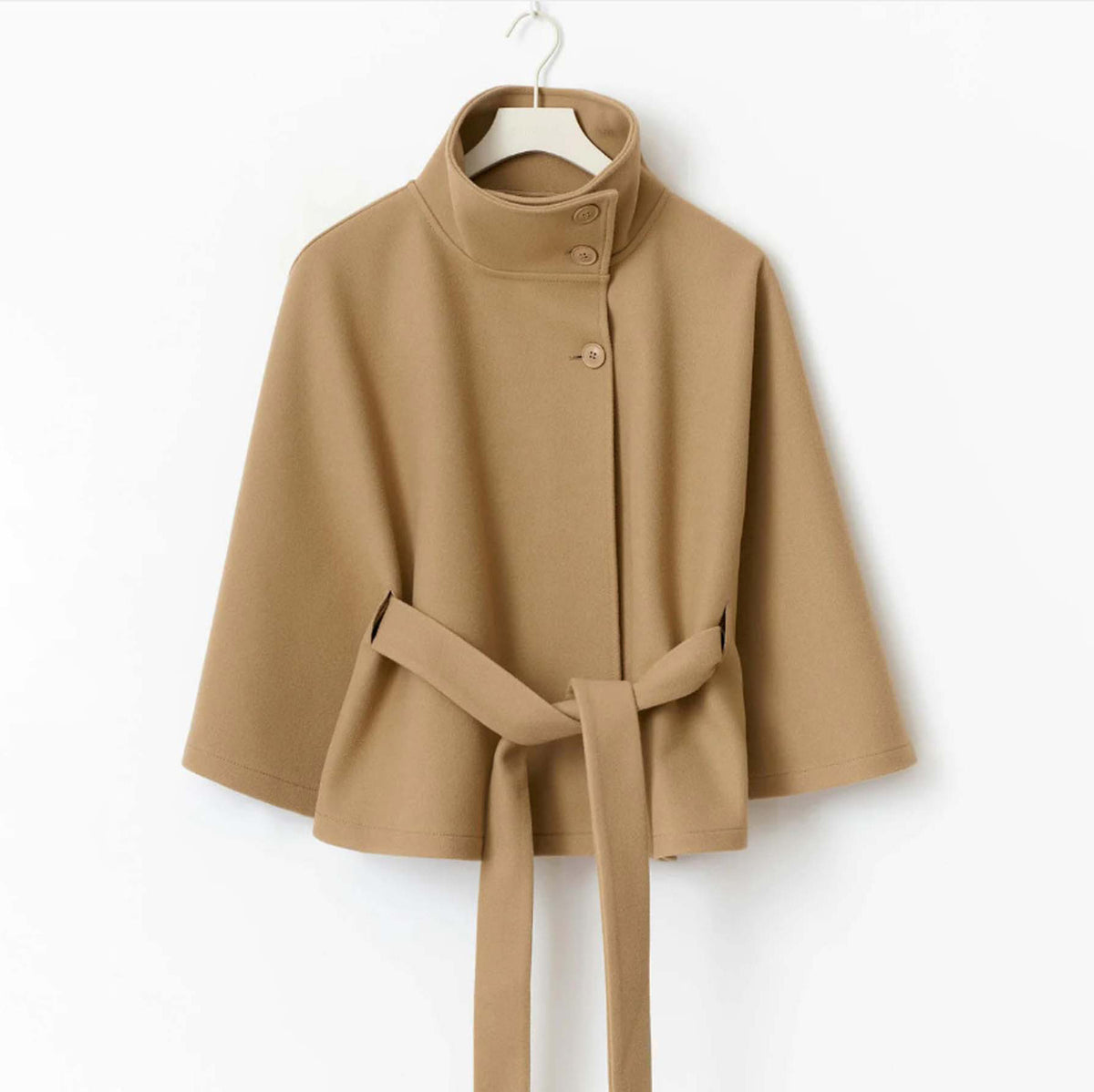 Women's Autumn And Winter New Fashion Solid Color Cape Stand Collar Button Belt Trench Coat Jacket