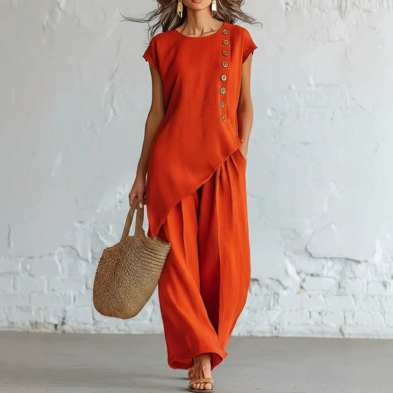 Women's Bohemian Beach Two Piece Set Round Neck Button Short Sleeve Top Wide Leg Trousers