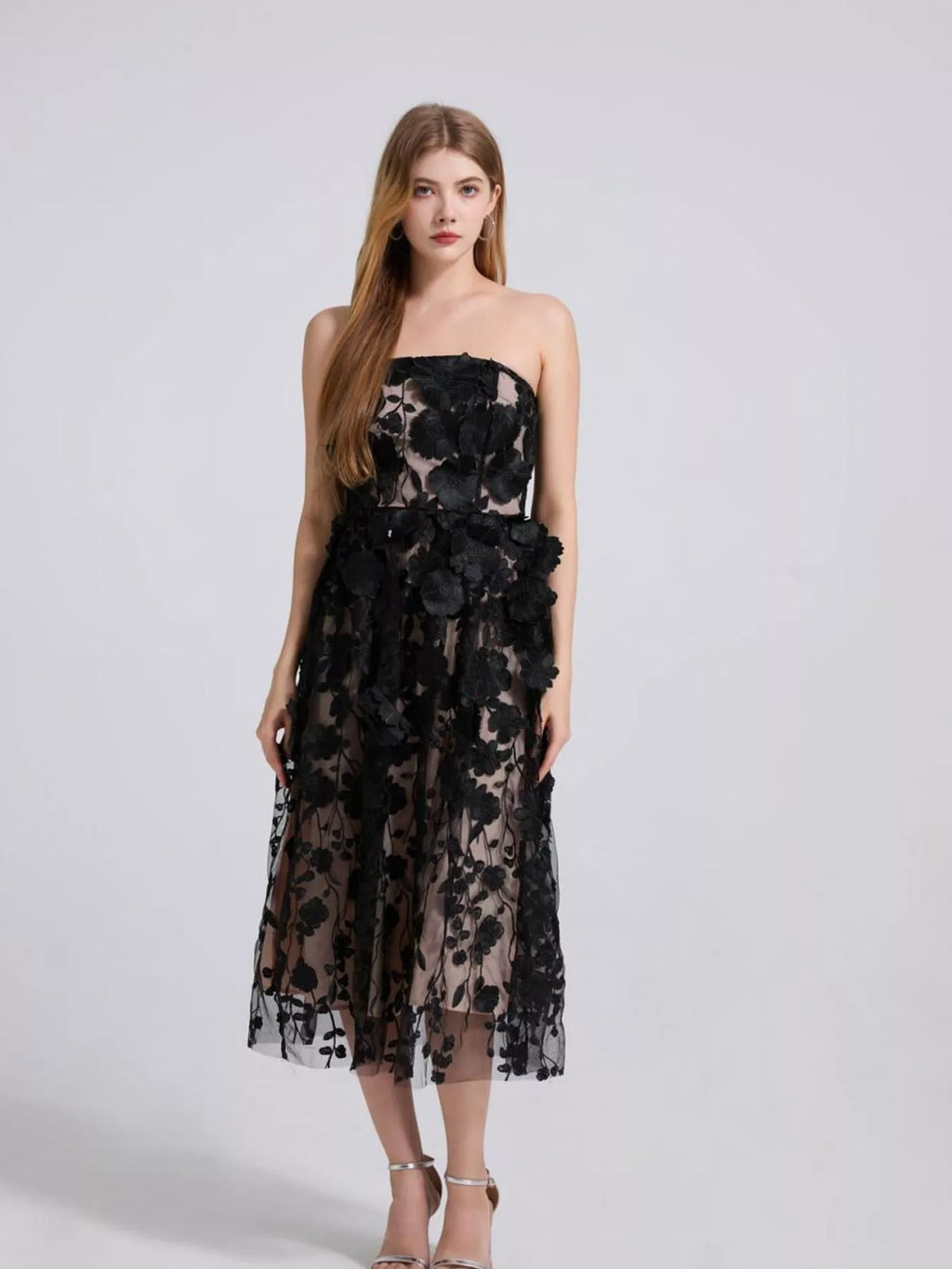 Women's Floral Applique Strapless Midi Dress