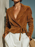 New AutumnWinter Retro Womens V-Neck Corduroy Lace-Up Waist-Cinching Coat