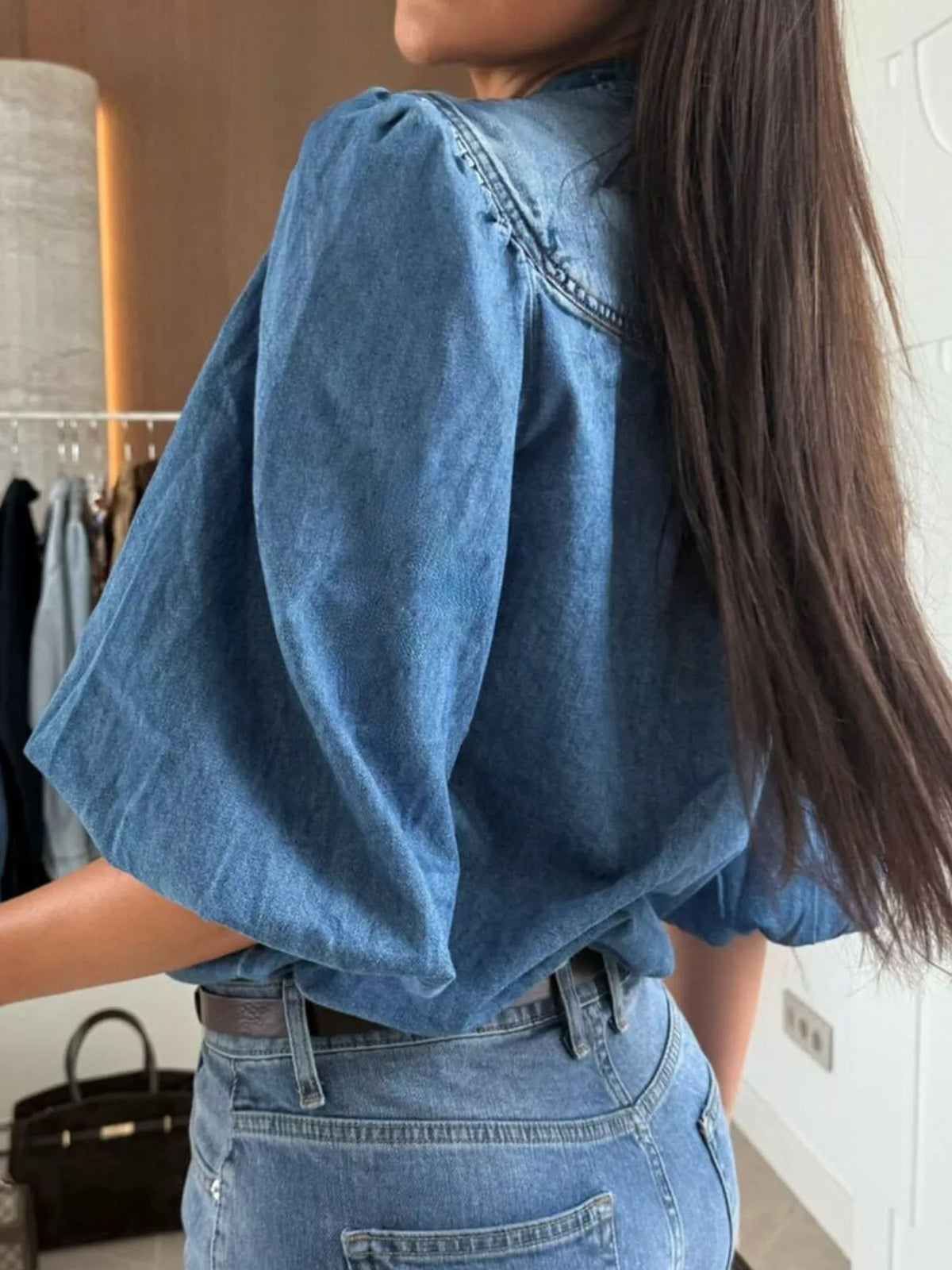 Women's Puff Sleeve Button Front Denim Top