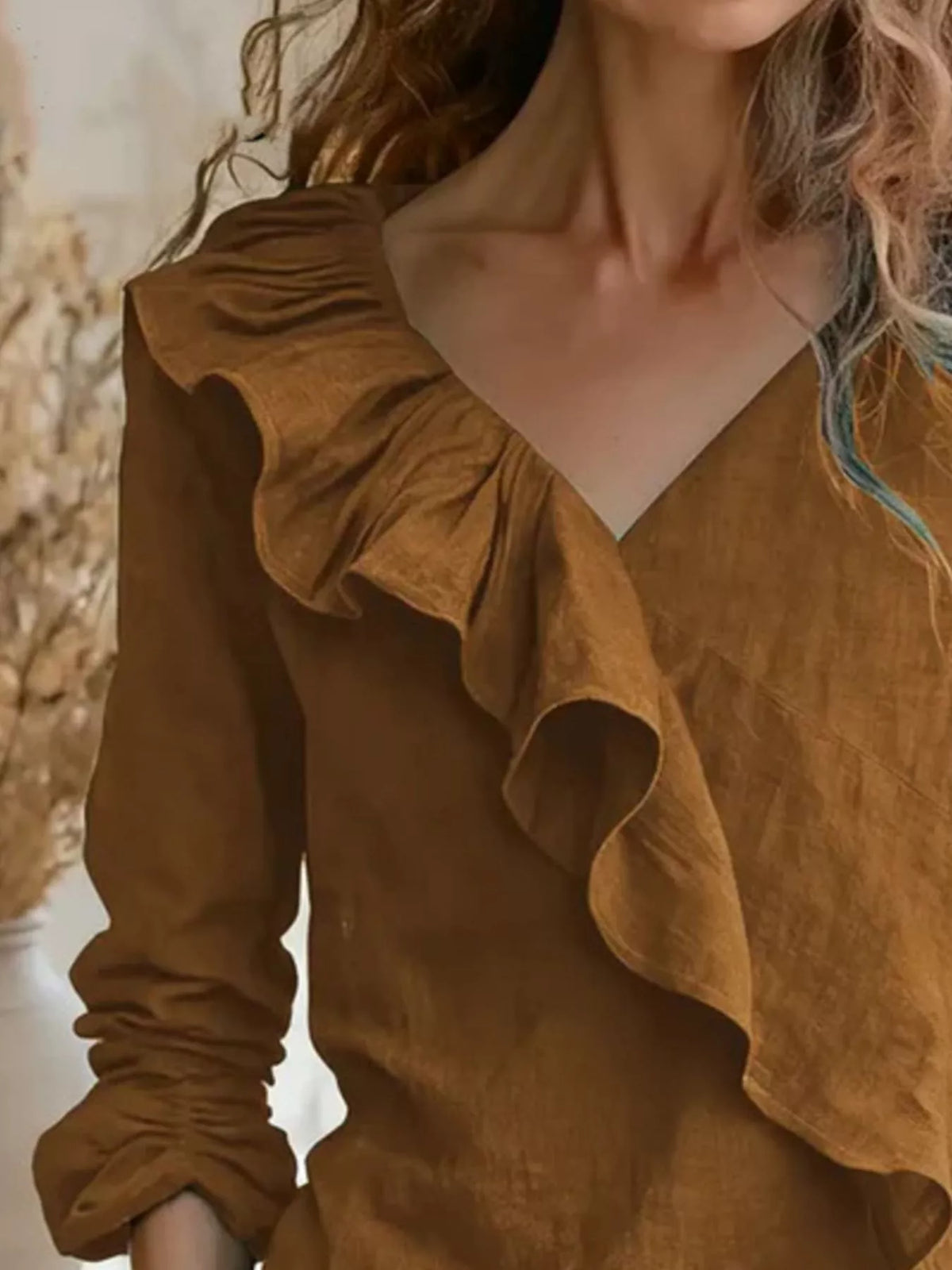 Women's V-Neck Ruffled Long Sleeve Blouse