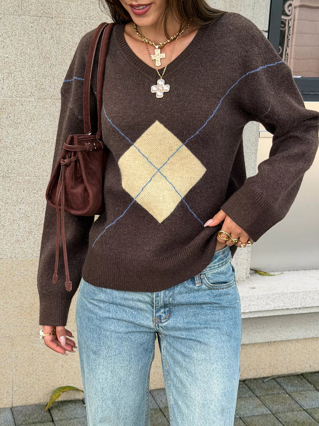 Women's Brown Argyle Pattern V-Neck Knit Sweater - Brown