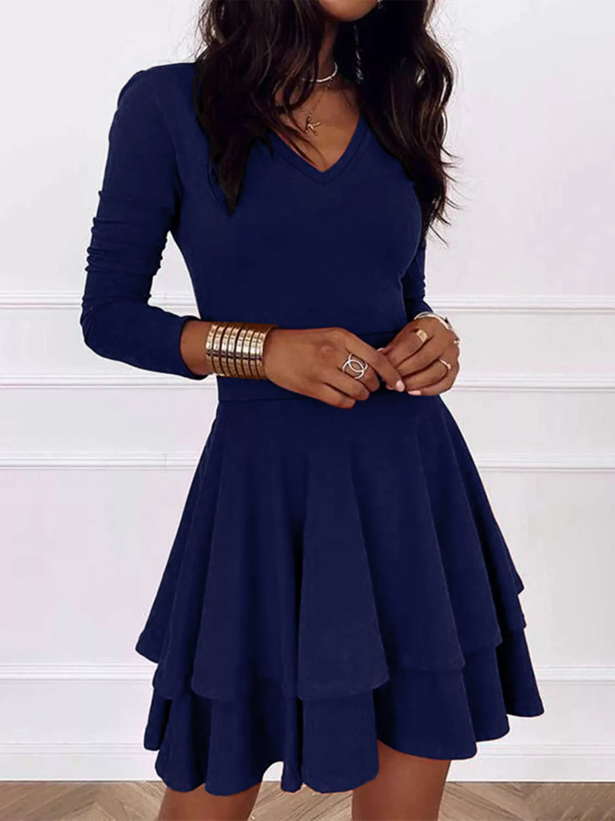 Women's V-Neck Long Sleeve Layered Ruffle Mini Dress - Navy