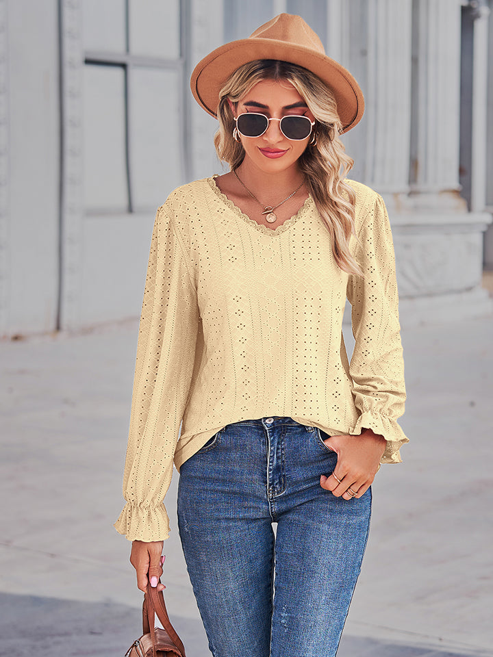 Women's Eyelet V-Neck Flounce Sleeve Blouse