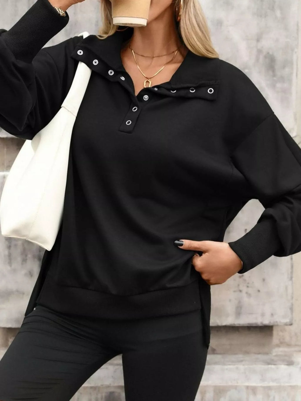 Women's Side Slit Half Snap Sweatshirt