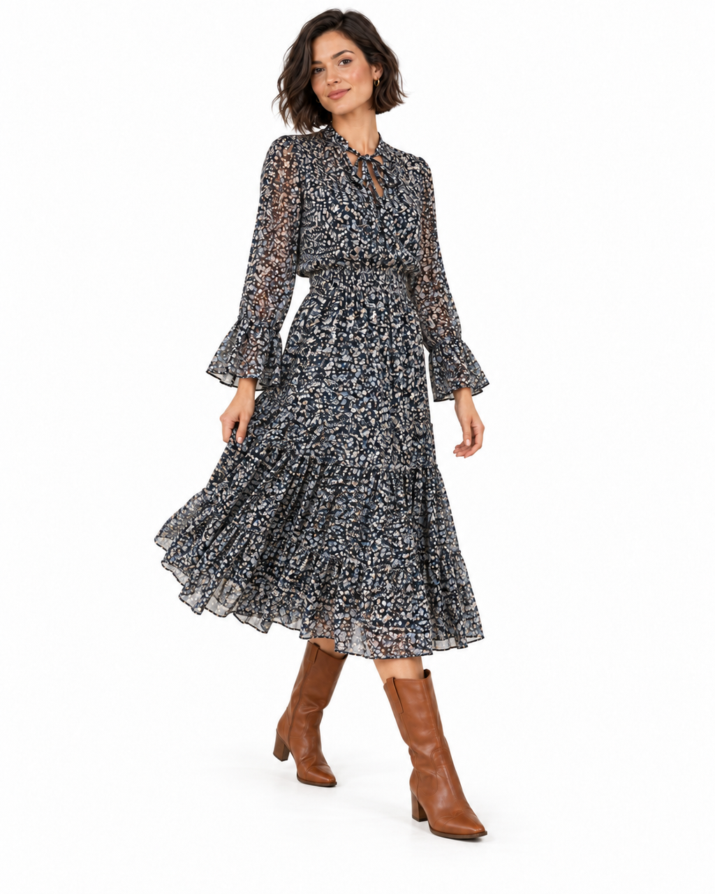Mittoshop Printed Tie Neck Flounce Sleeve Midi Dress