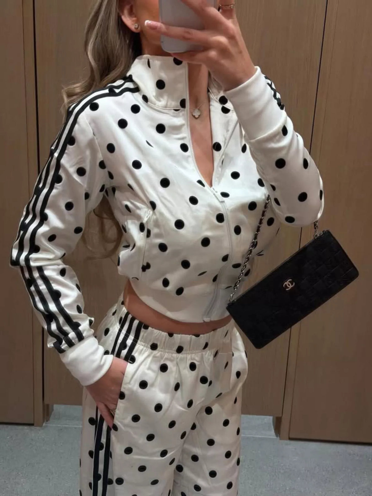 Women's Polka Dot Side Striped Outerwear and Pants Set