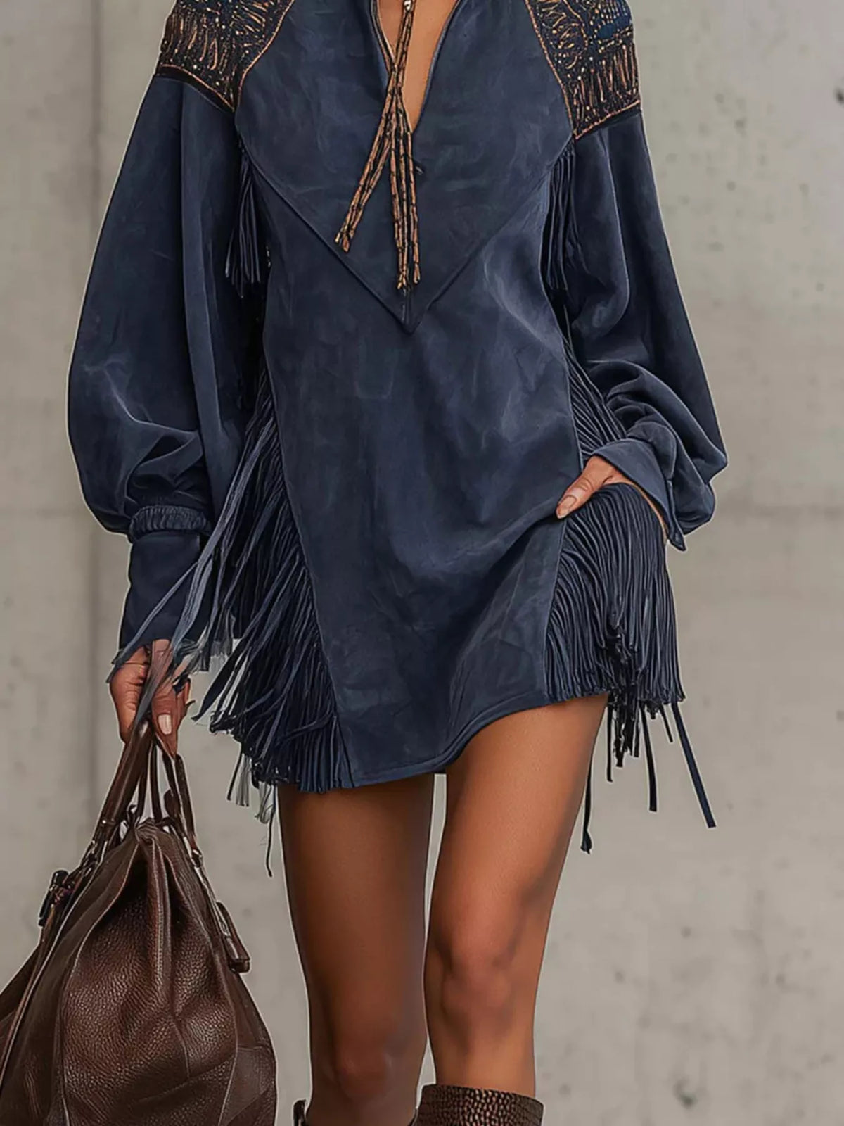 Women's Dark Navy Fringed Lantern Sleeve Mini Dress - Dark Navy