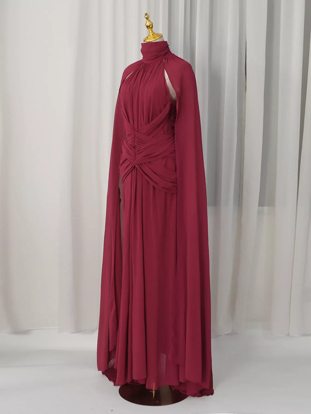 Women's Red Ruched Halter Neck Cape Maxi Dress - Red