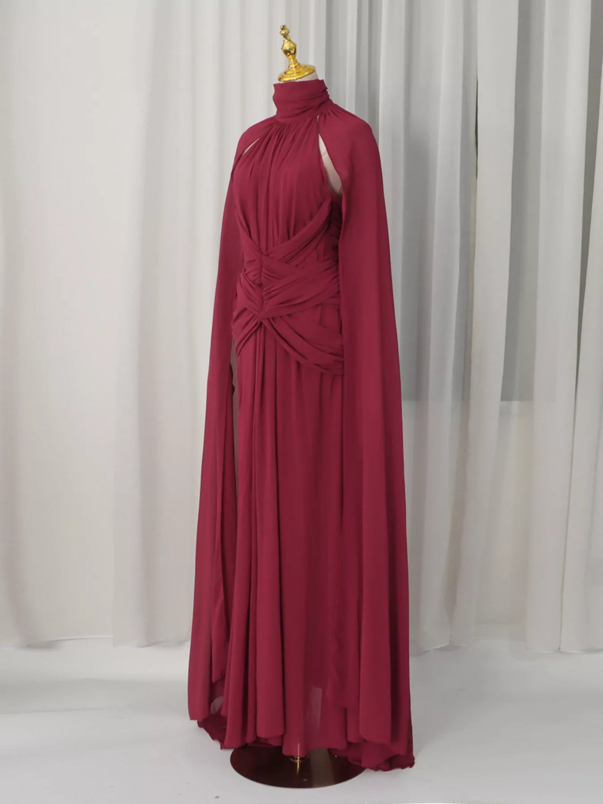 Women's Red Ruched Halter Neck Cape Maxi Dress - Red